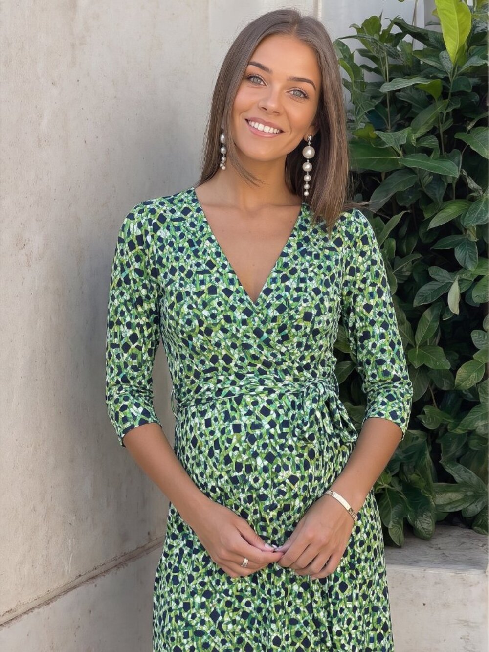 Maternity Full Wrap Dress Green Geometric Print Medium